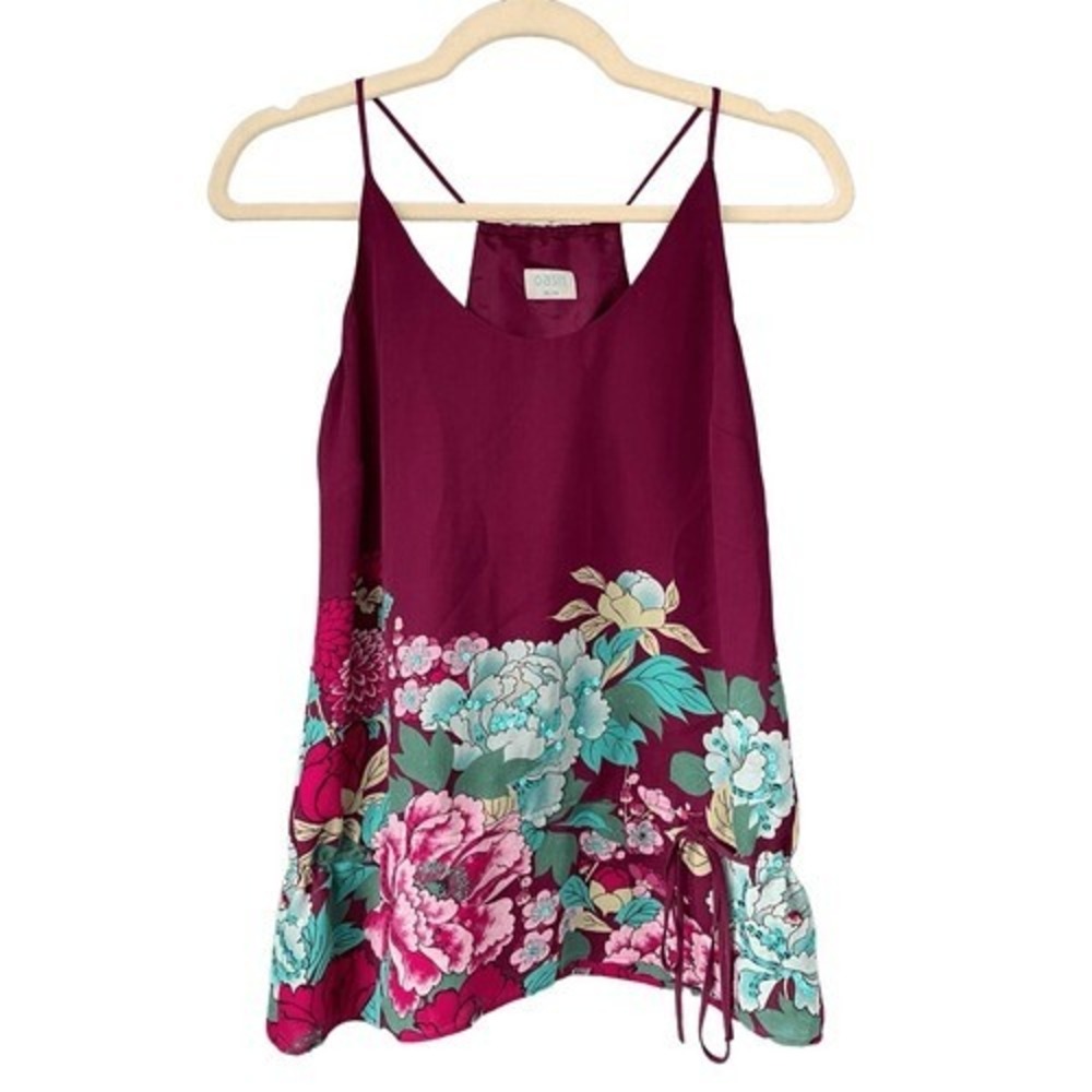 T9 Oasis Silk‎ Cami Floral Border Print Racerback Boho Side Tie Burgundy Top